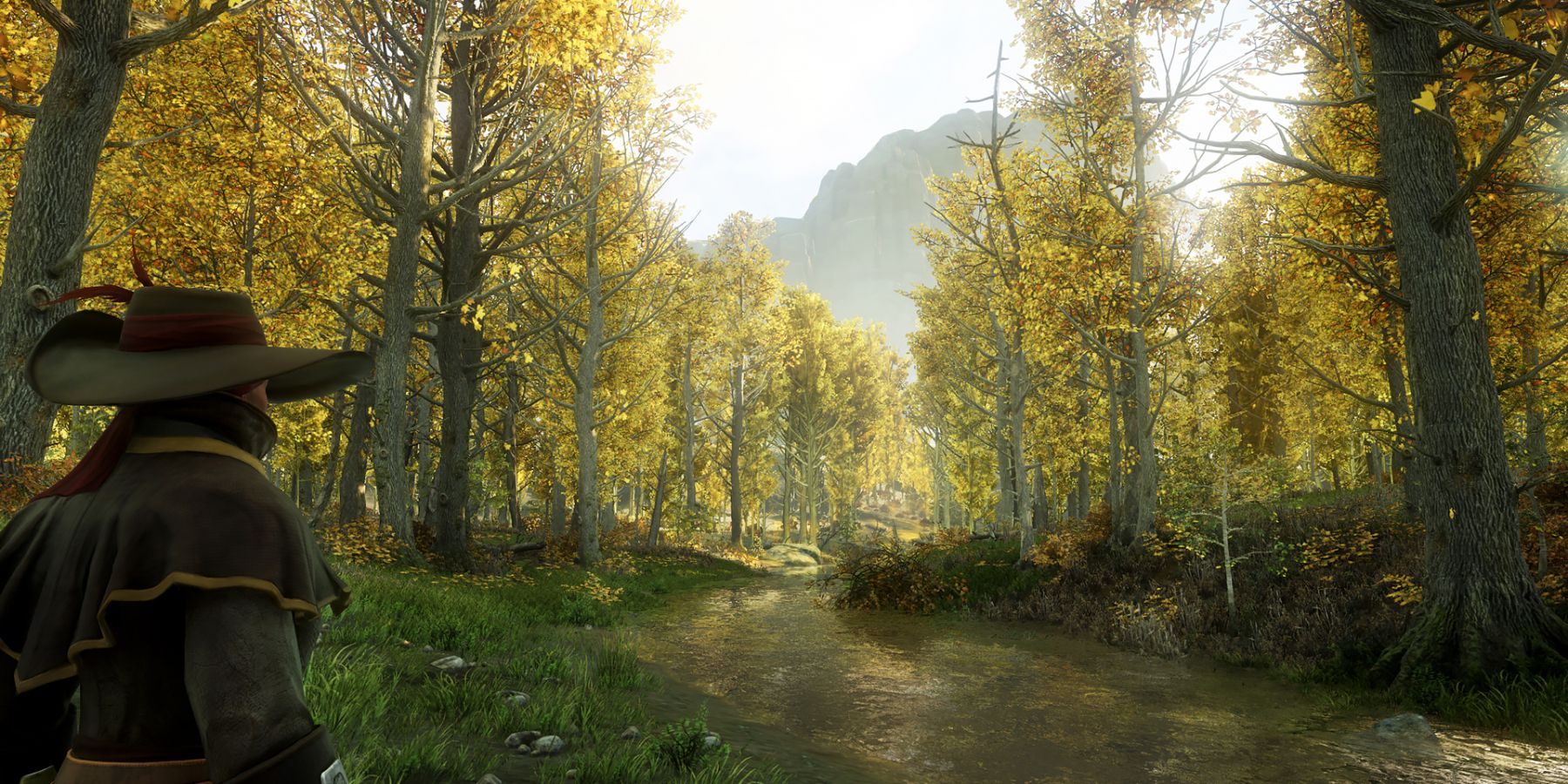 Player in a beautiful large tall forest with a river