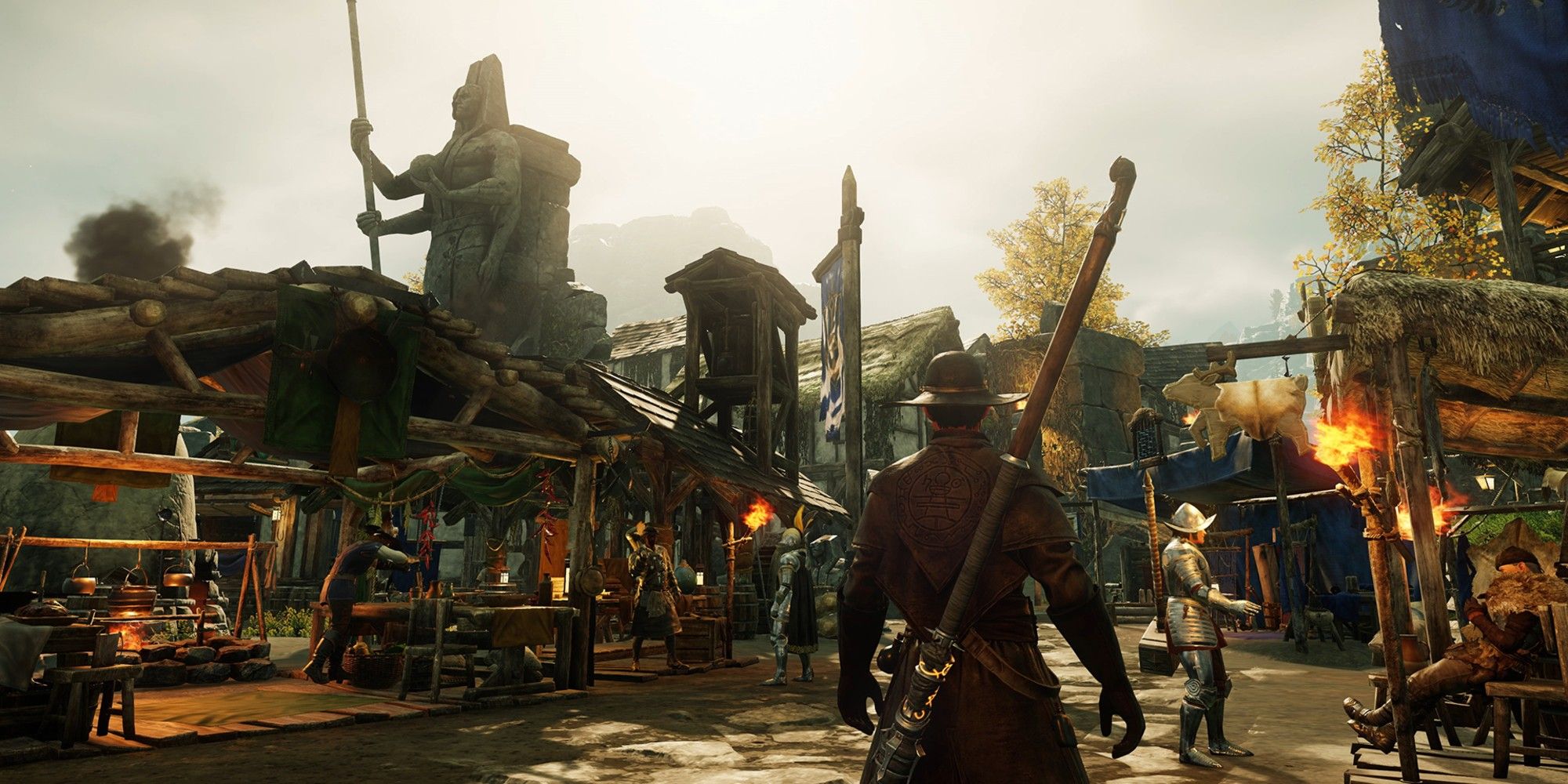 A player enters a settlement in New World