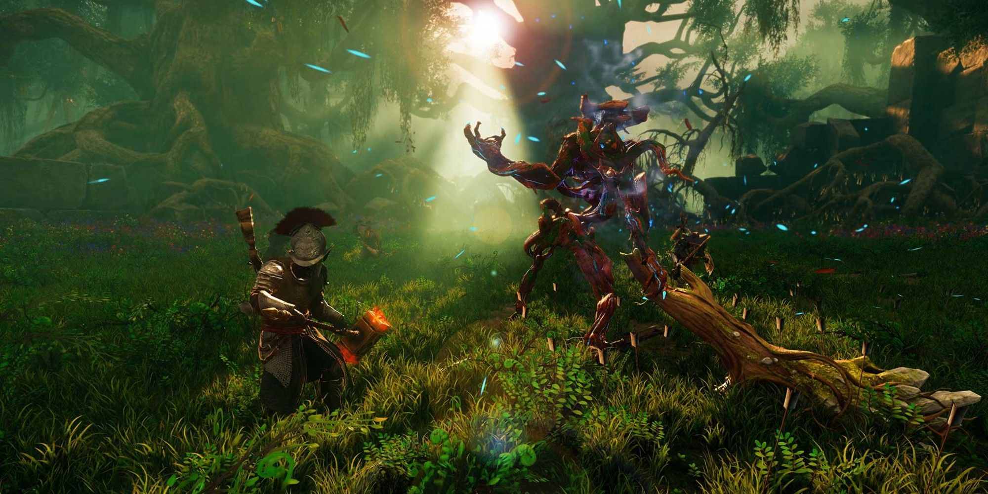 A player fights a boss in the forest in New World