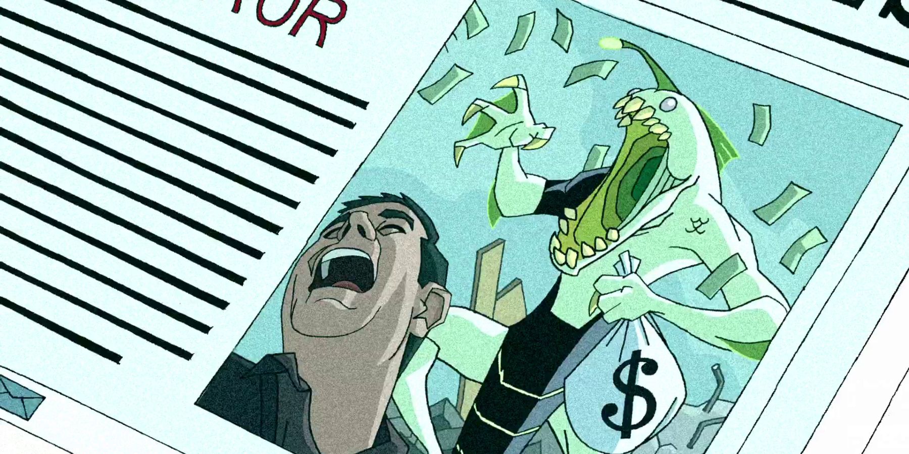 Newspaper showing Ripjaws robbing a bank in Ben 10.