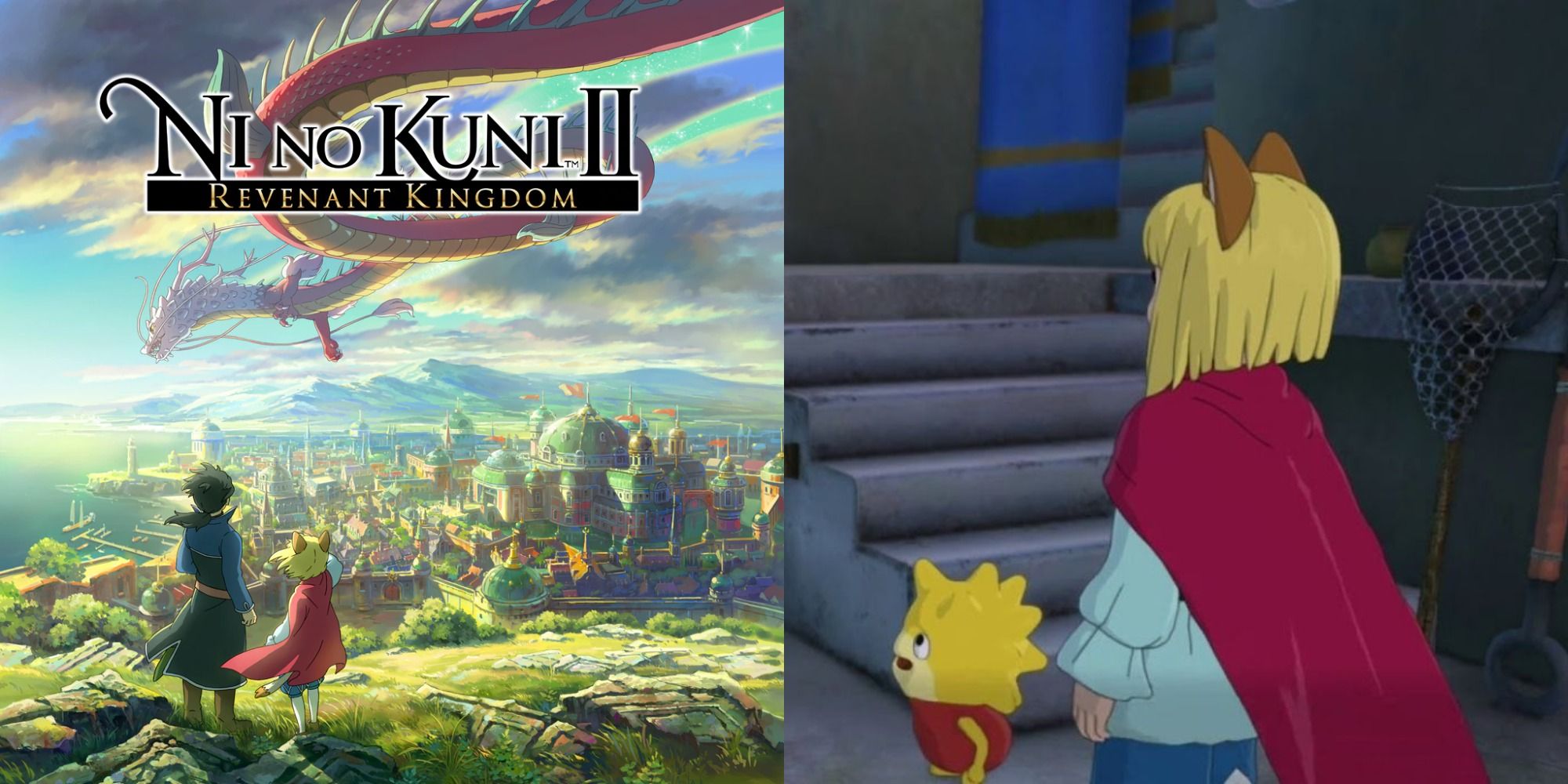 Split image showing the cover to Ni No Kuni 2 and a side quest