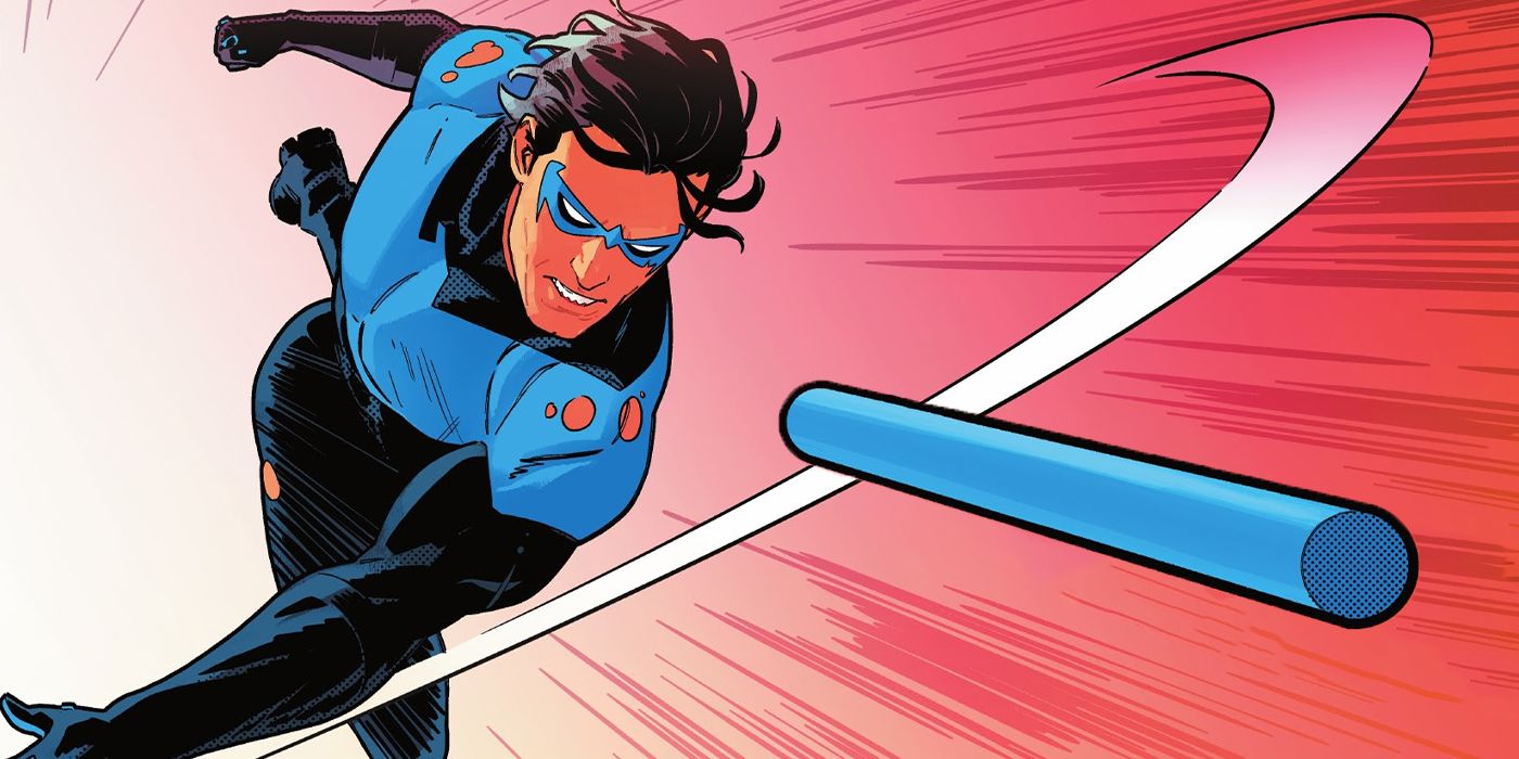 Nightwing throws an Escrima Stick in DC Comics.