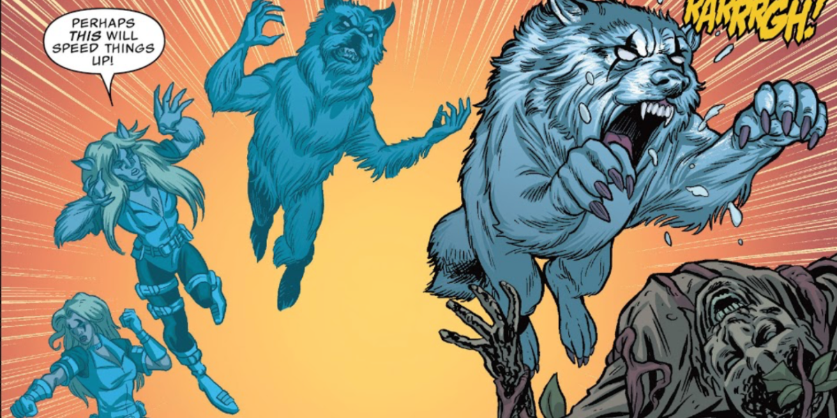 Nina Price transforming into her wolf form to stop zombified humans in Howling Commandos of S.H.I.E.L.D.