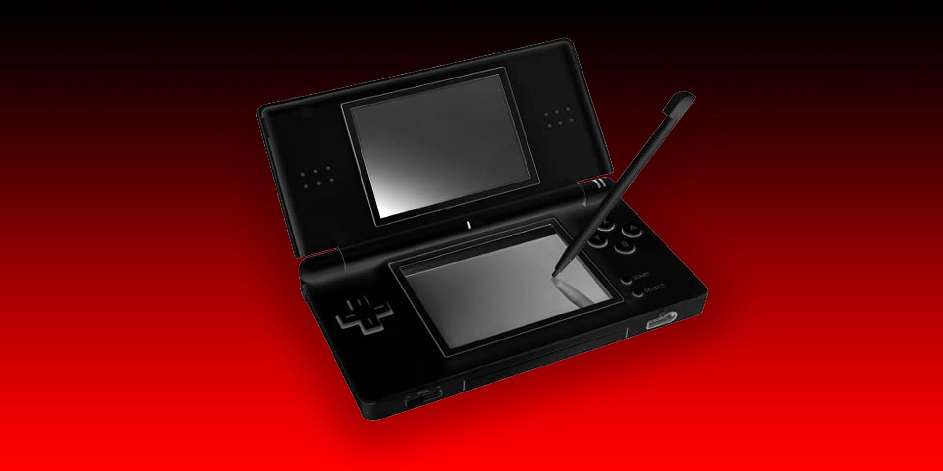 A Nintendo DS Lite system on a black and red background.