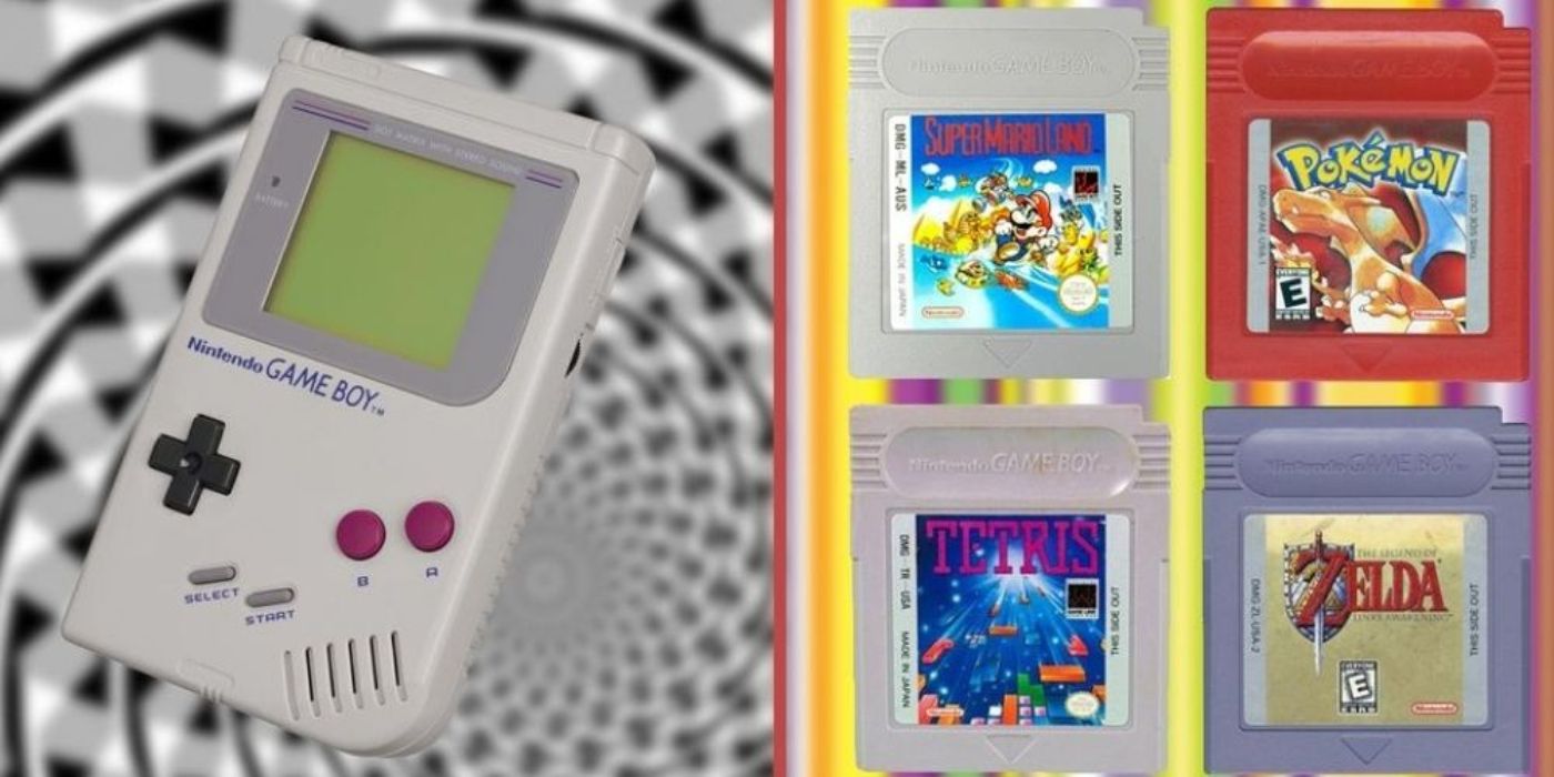 Split image of the Nintendo Game Boy and 4 games (Tetris, Zelda).