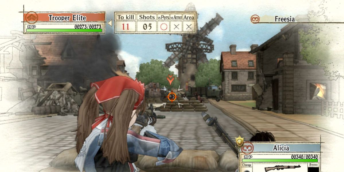 Alicia takes aim at an enemy in Valkyria Chronicles.
