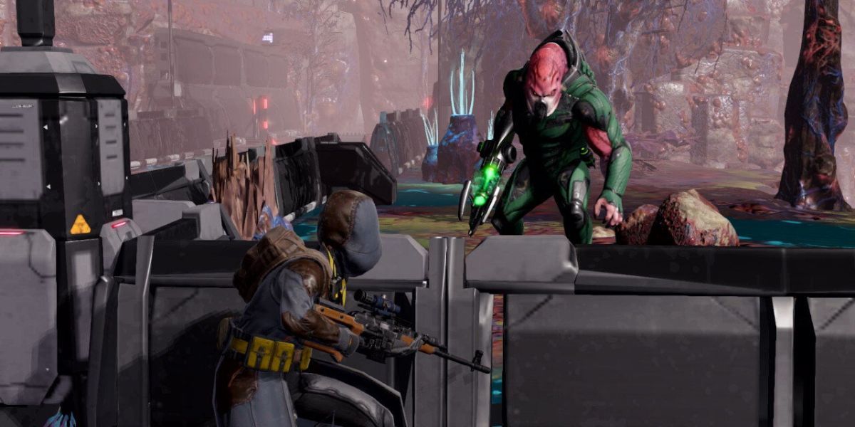 A soldier taking cover from an alien in XCOM 2.