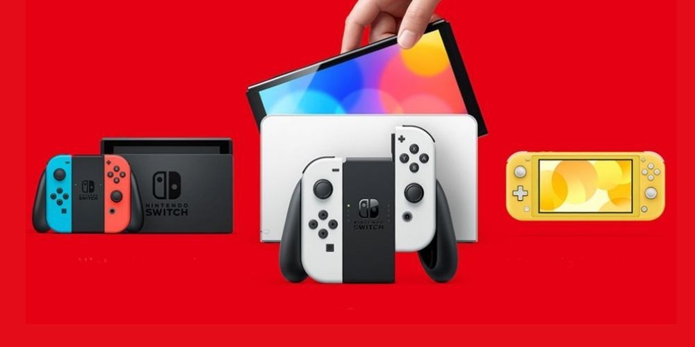 The Nintendo Switch on a red background.