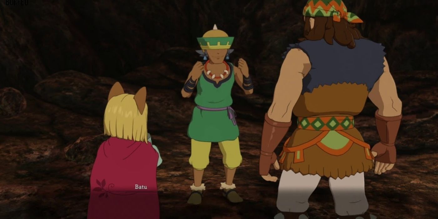 Three characters talking during the Tabbias, The Trusting Traveler side quest in No Ni Kuni 2