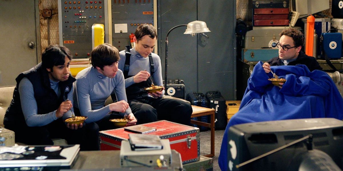 Raj, Howard, Leonard, and Sheldon in a cabin at the North Pole in The Big Bang Theory