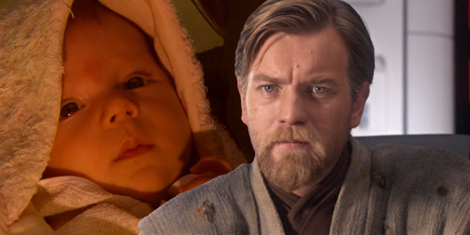 Blended images of baby Leia and Obi Wan in Revenge of the Sith.