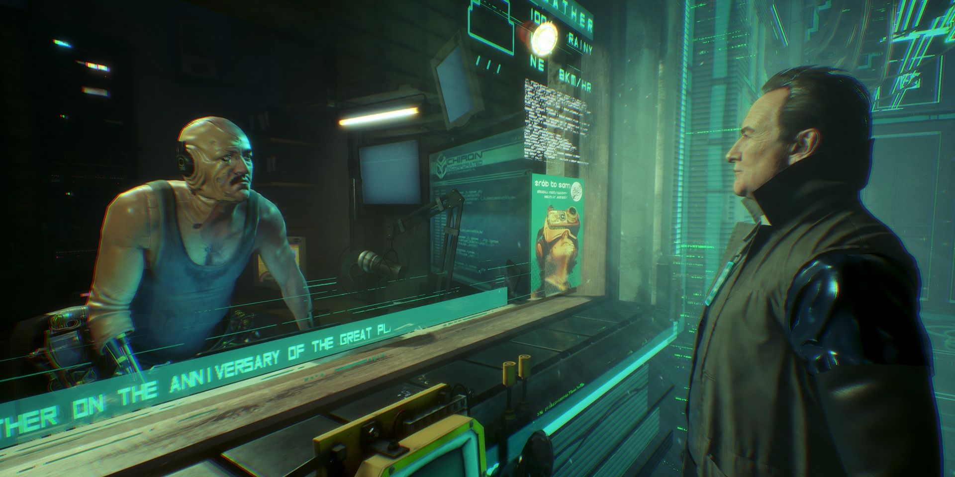 Deux hommes dans un environnement futuriste dans le jeu vidéo Observer