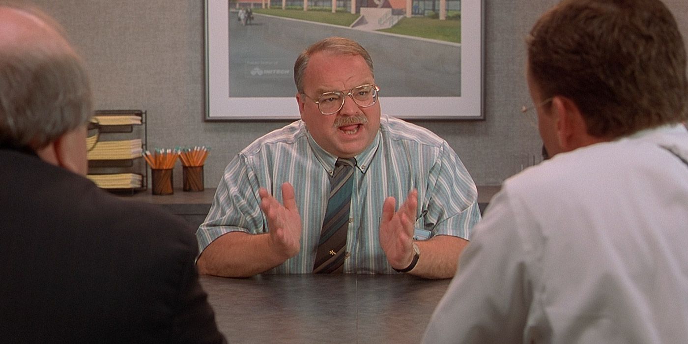 Tom pleads his case to a corporate downsizers in Office Space