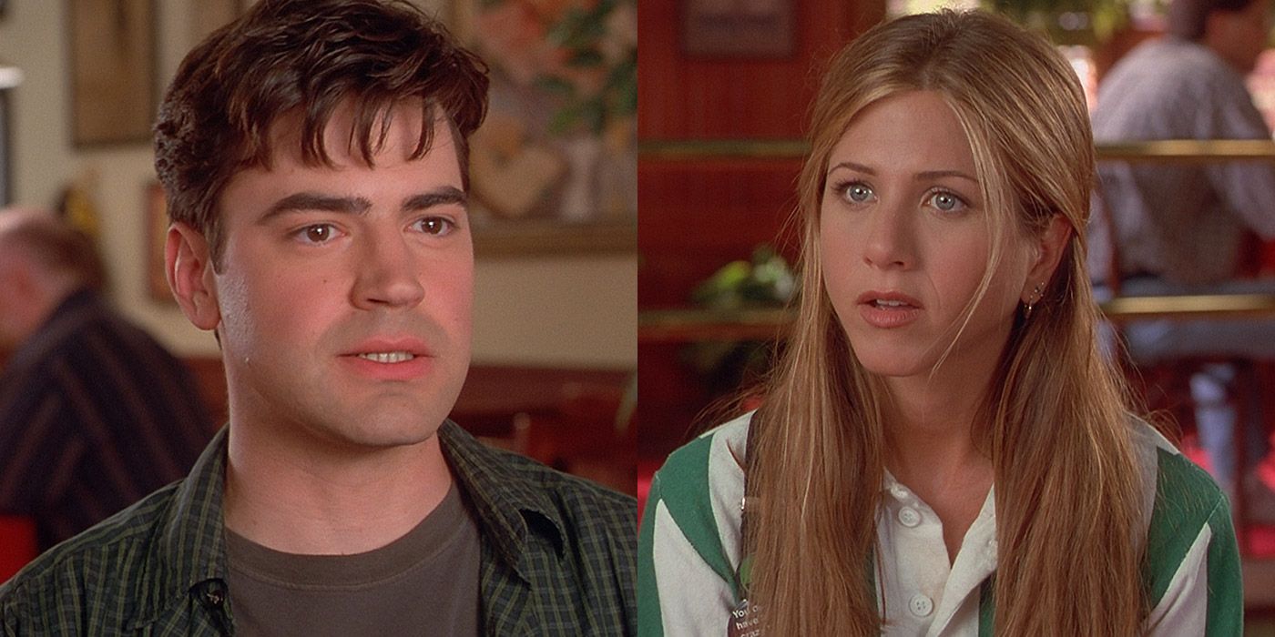 Two side by side images of Peter and Joanna in Office Space