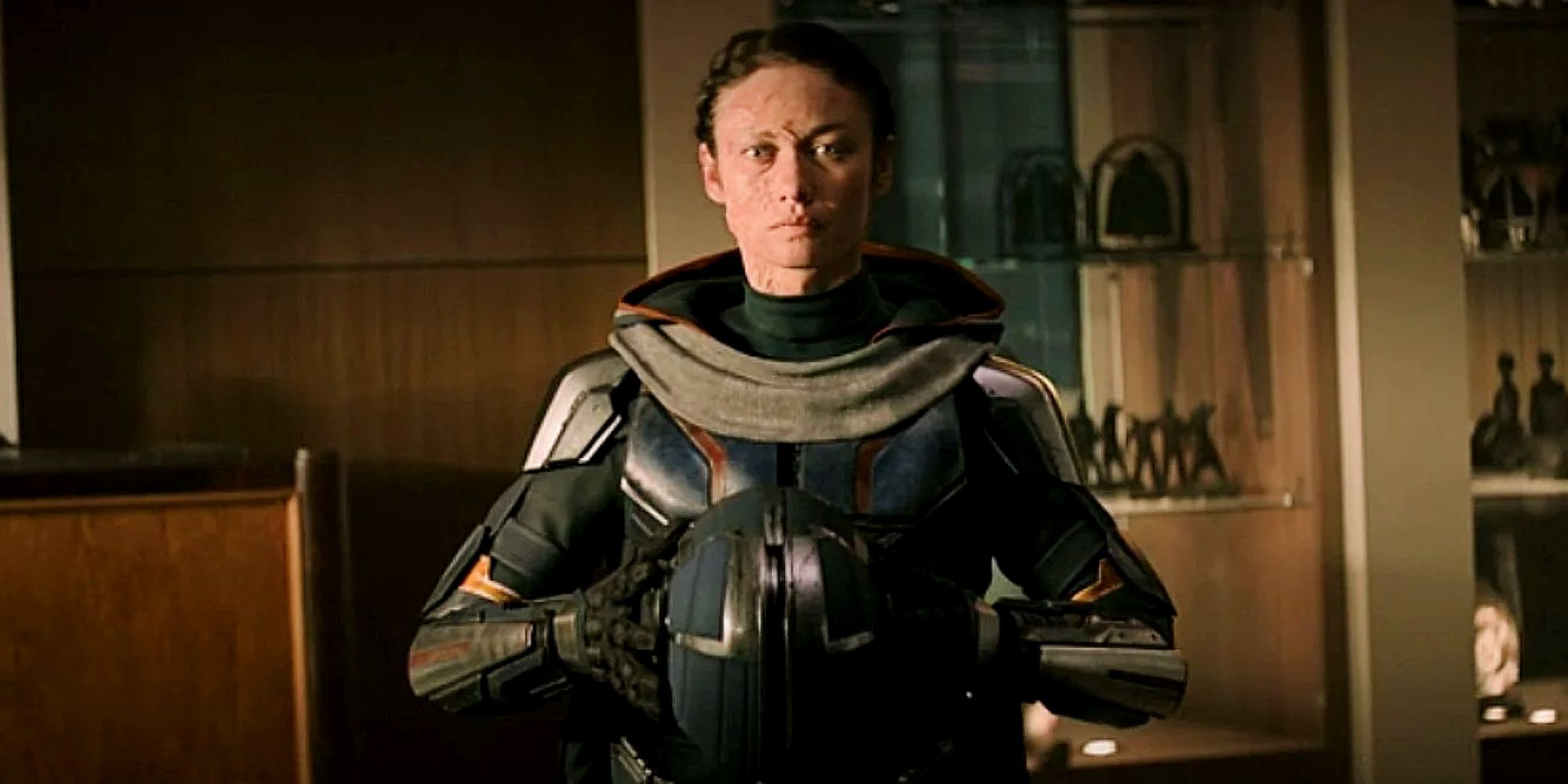 Antonia with her Taskmaster suit in Black Widow