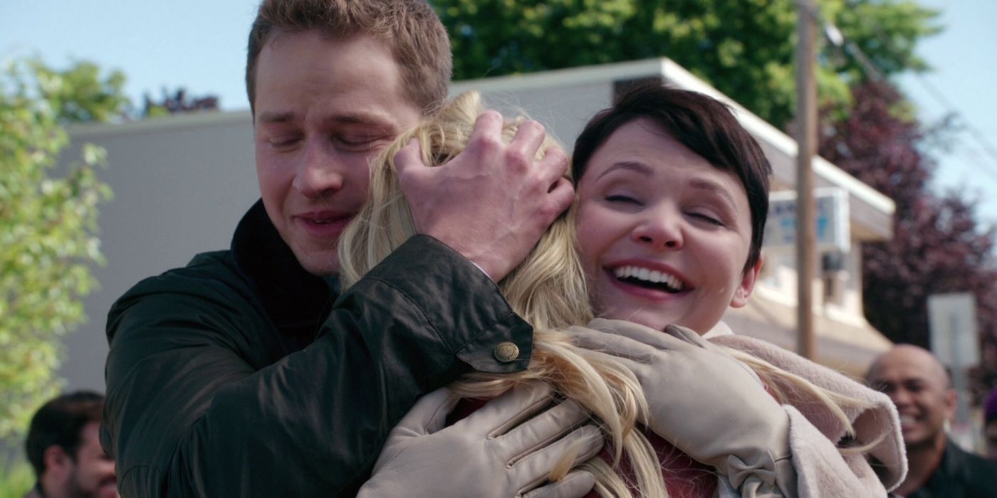 Mary Margaret and David hug Emma in Once Upon A Time