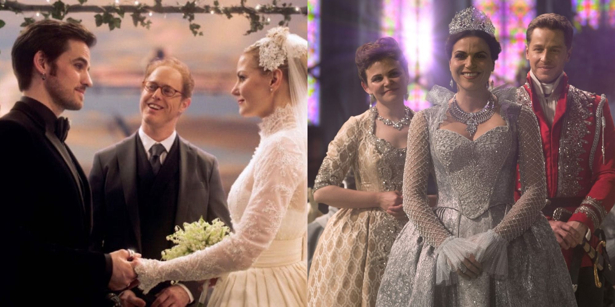 A Once Upon A Time split image of Emma and Hook's wedding and Regina being crowned queen of all the realms