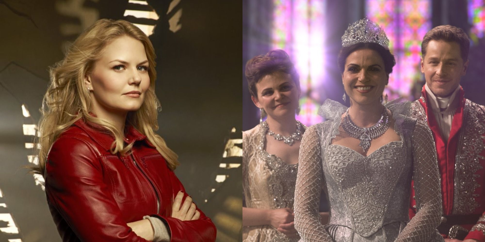 Split image of Emma Swan with her arms folded and the Good Queen at a ceremony in Once Upon a Time.