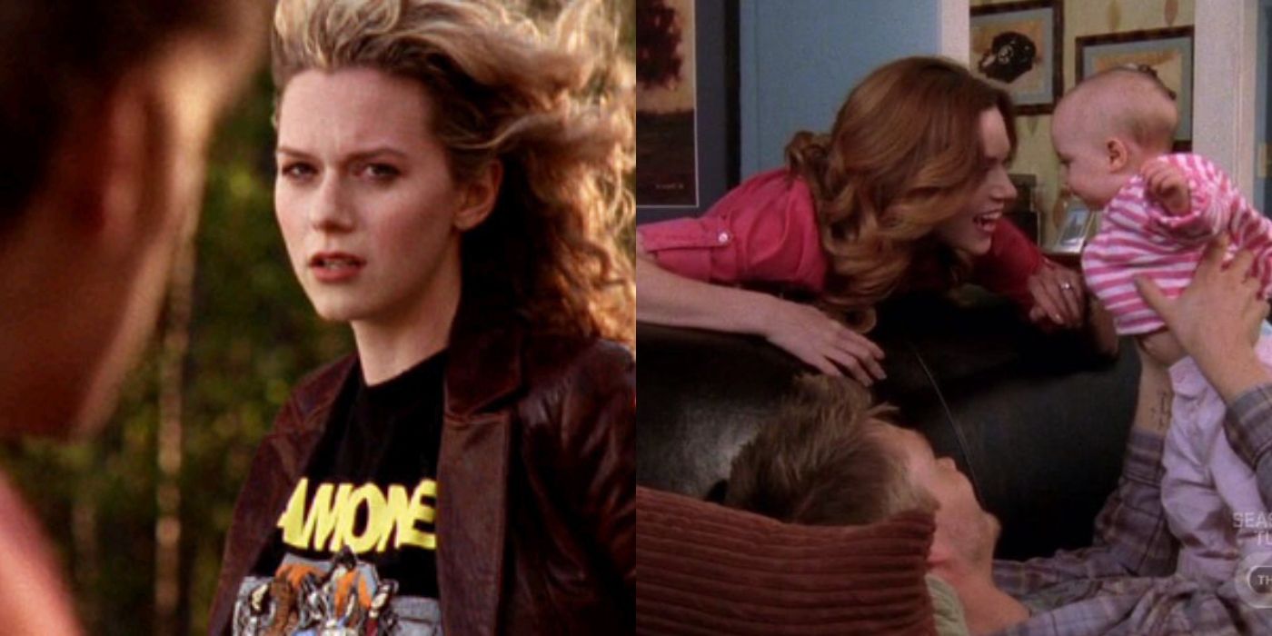 Split featured image of Peyton in season 1 and Peyton, Lucas, and baby Sawyer on One Tree Hill