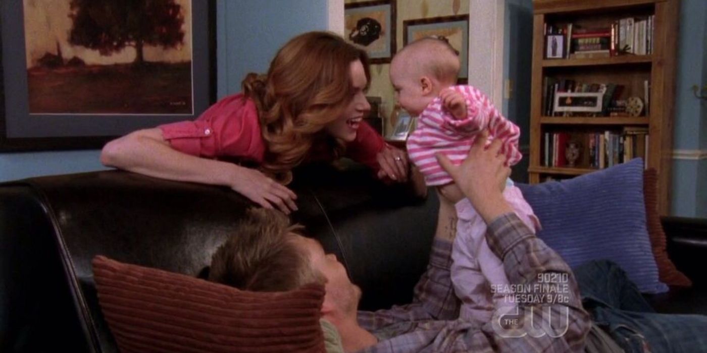 Peyton and Lucas with their baby Sawyer on One Tree Hill