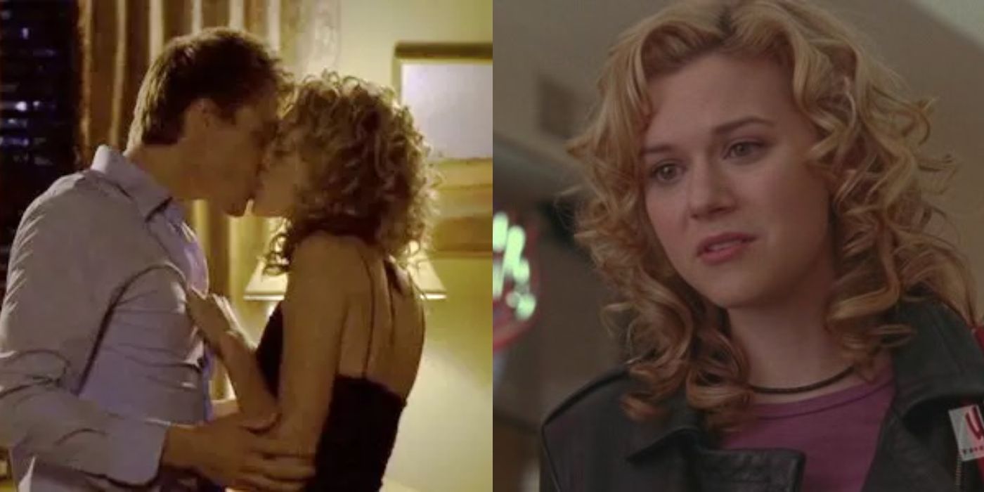 Split image of Lucas and Peyton kissing and Peyton looking sad on One Tree Hill