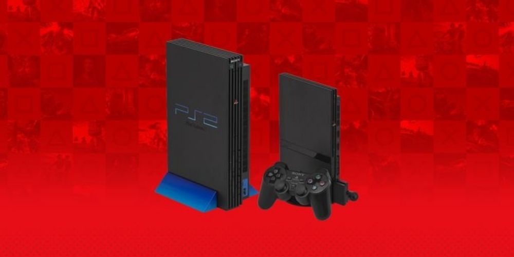 PS2 console against a red background.