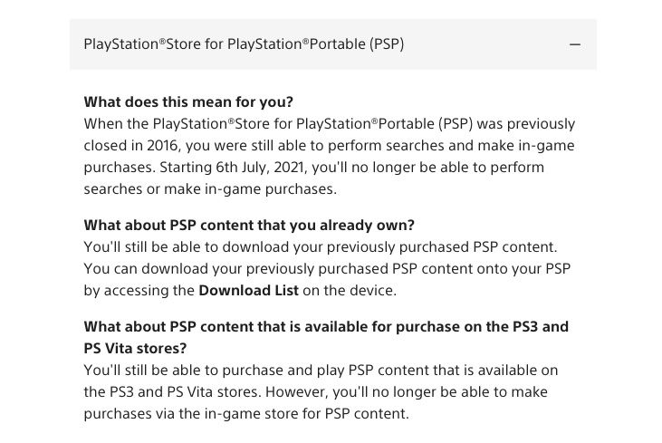 PSP Store notice July 2021