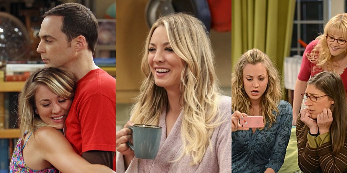 Split image of Penny hugging Sheldon, smiling and sitting with Amy and Bernadette on The Big Bang Theory