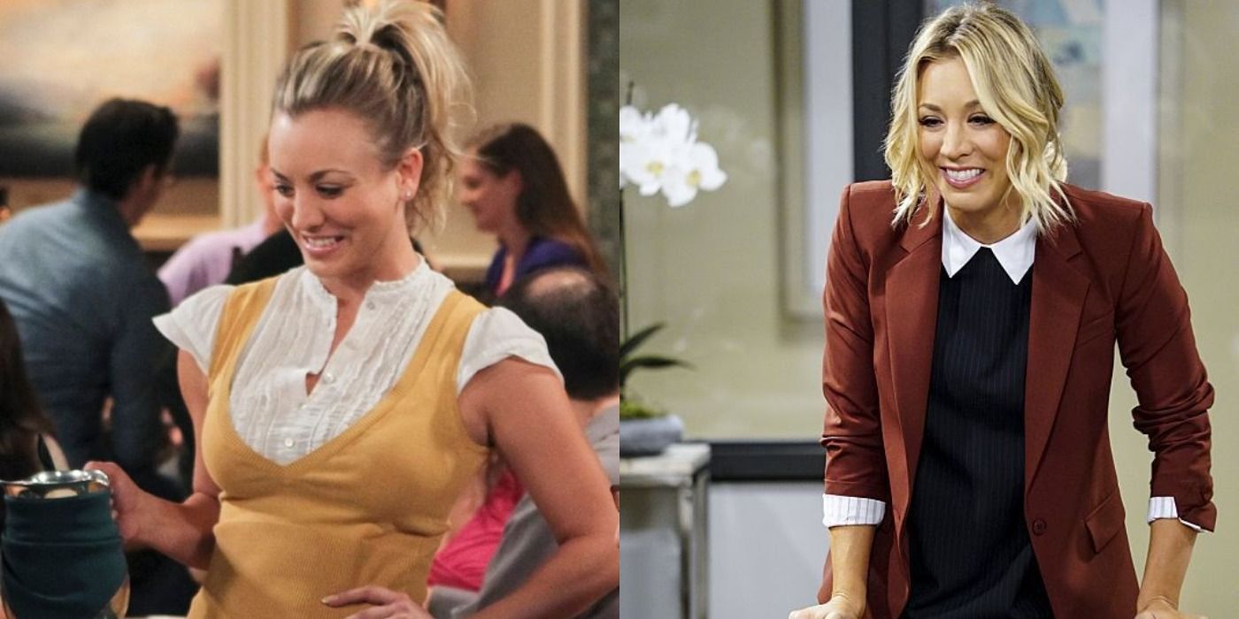 Split image of Penny in waitress uniform and Penny in formal clothes in The Big Bang Theory