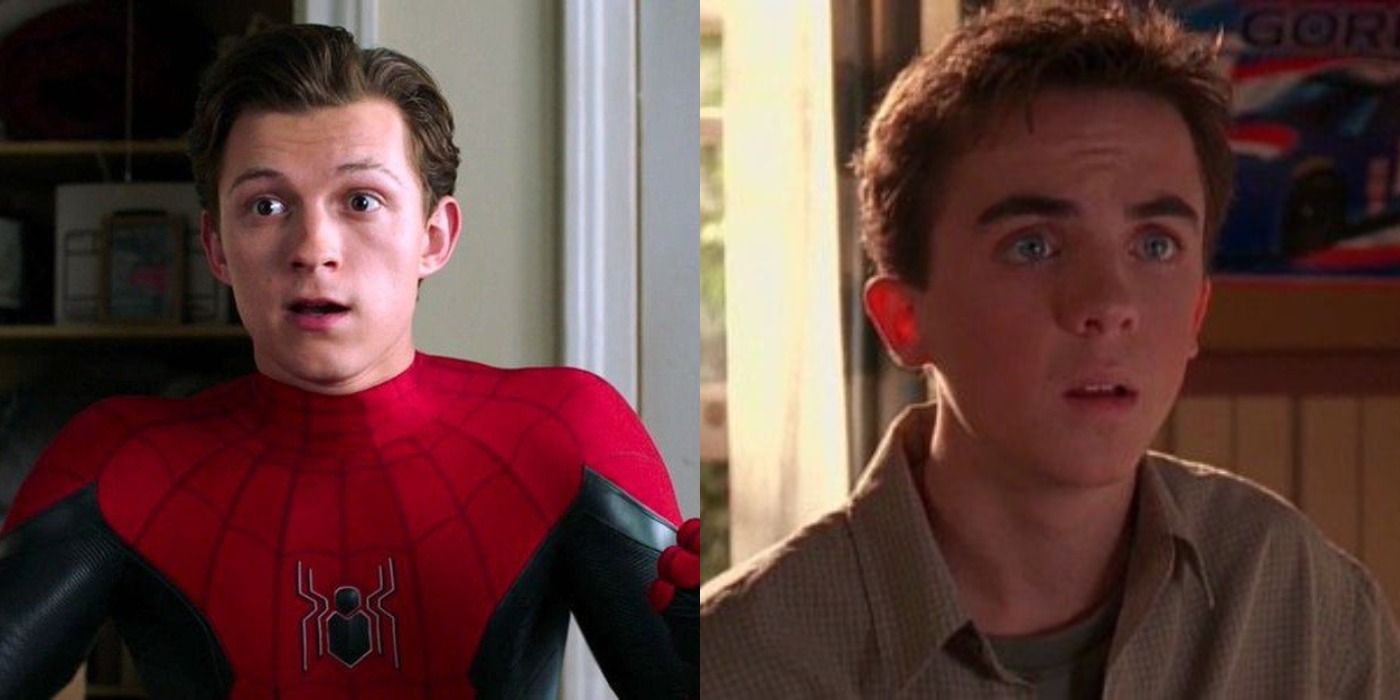 Split image Tom Holland Peter Parker Spider-Man Homecoming and Frankie Muniz Malcolm in the Middle