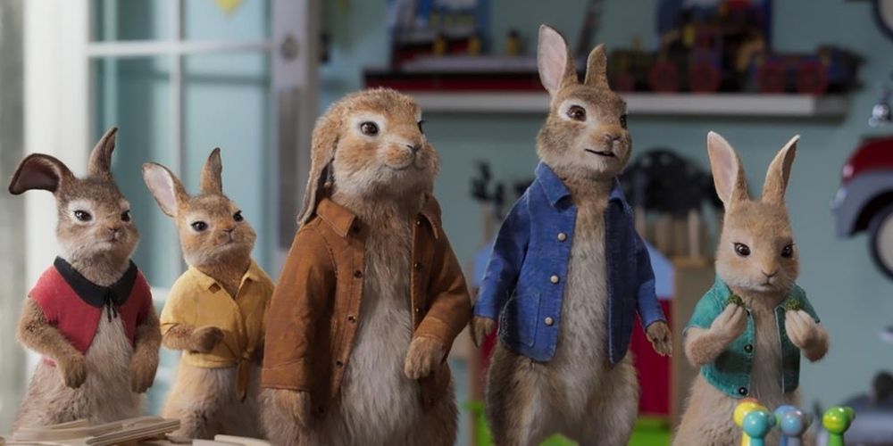Peter Rabbit and his siblings standing together looking on at something