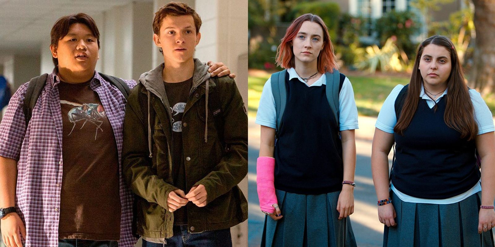 Split image of Peter and Ned in Spider-Man Homecoming and Lady Bird and Julie in Lady Bird