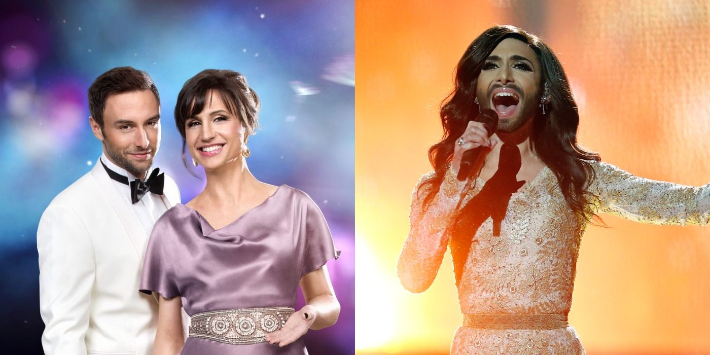 Petra Mede, Mans Zelmerlow, and Conchita Wurst performing at the Eurovision Song Contest