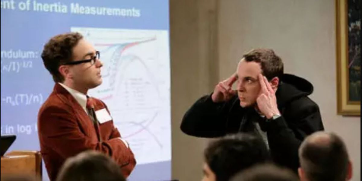 Sheldon trying to explode Leonard's mind at a Physics conference on The Big Bang Theory