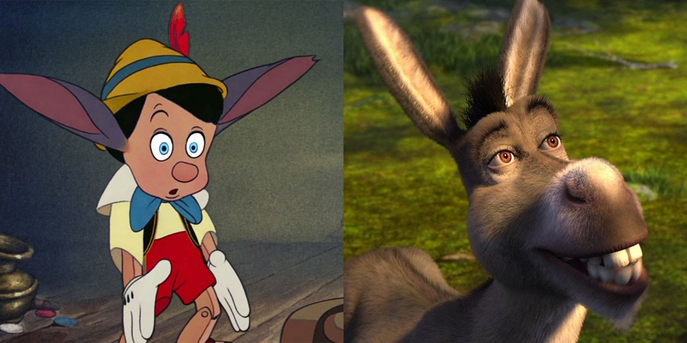 Split image Pinocchio donkey ears and Donkey (Eddie Murphy) Shrek