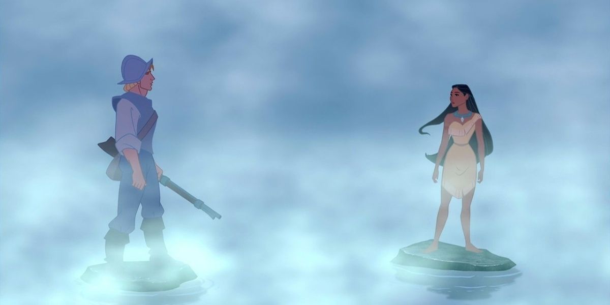John Smith and his rifle staring at Pocahontas