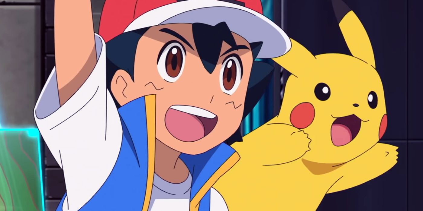Ash and Pikachu with their arms raised and mouths open in Pokemon anime.