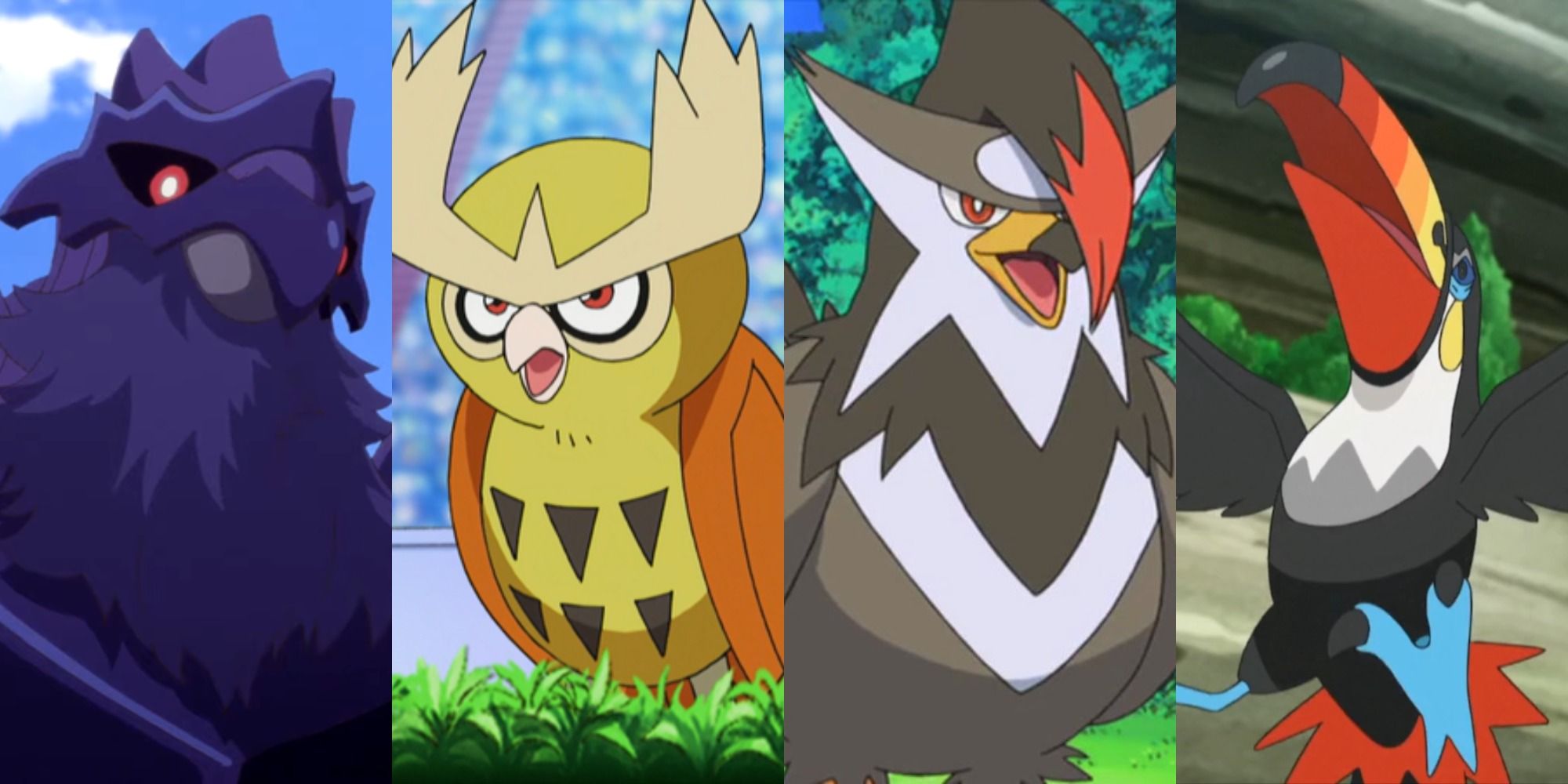 A split image of a Corviknight, a Noctowl, a Staraptor, and a Toucannon in Pokemon