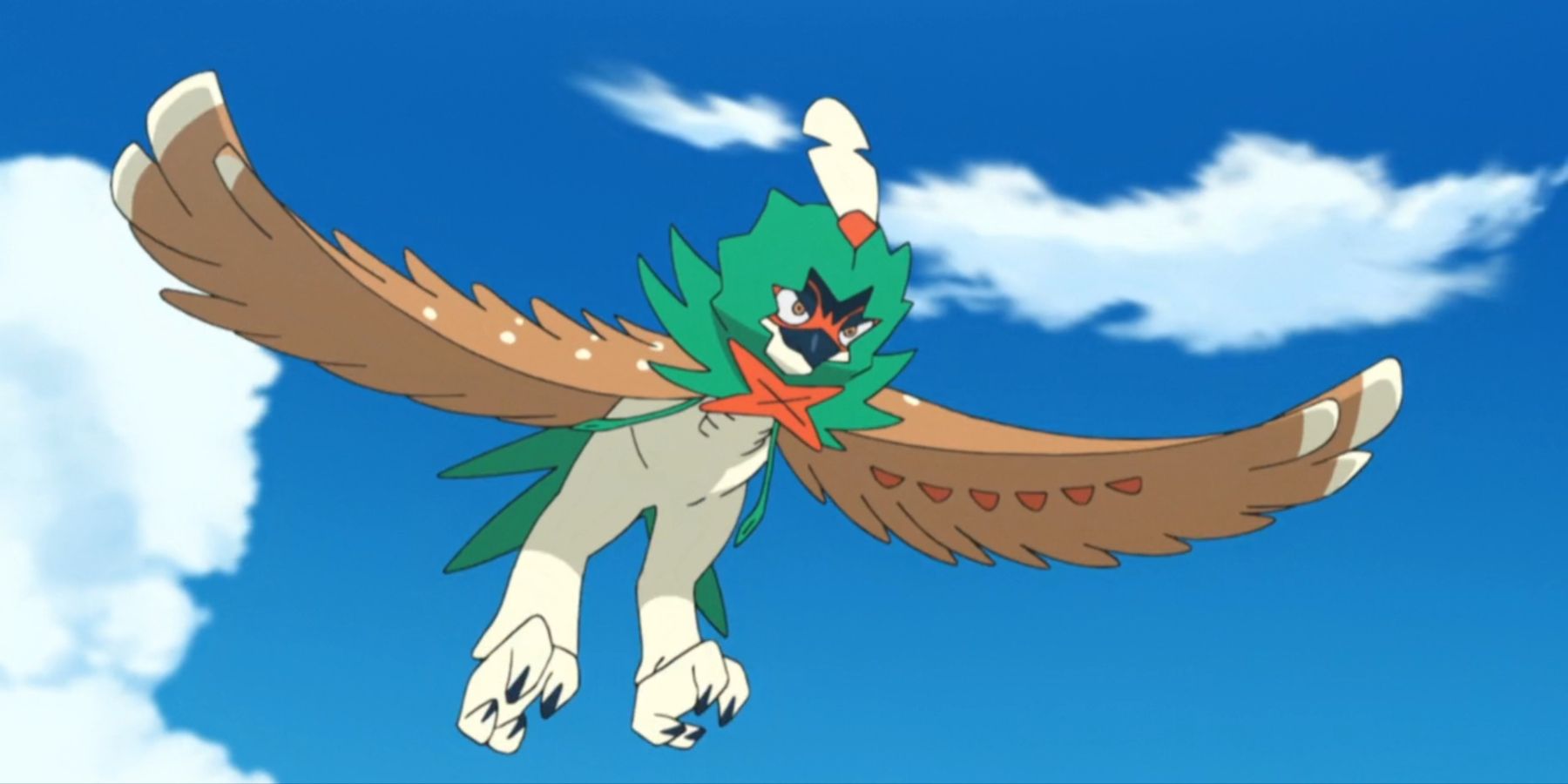 Decidueye flies against a blue sky in the Pokemon anime.