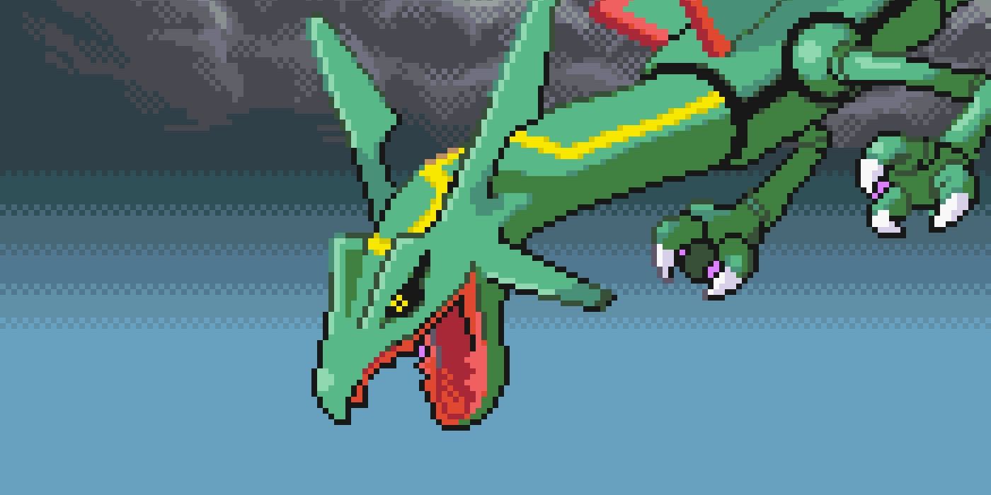 Pokemon Emerald's Rayquaza descending from the clouds.