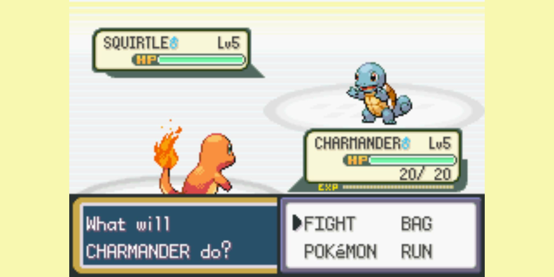 Pokemon FireRed LeafGreen battle screen showing Charmander fighting Squirtle.
