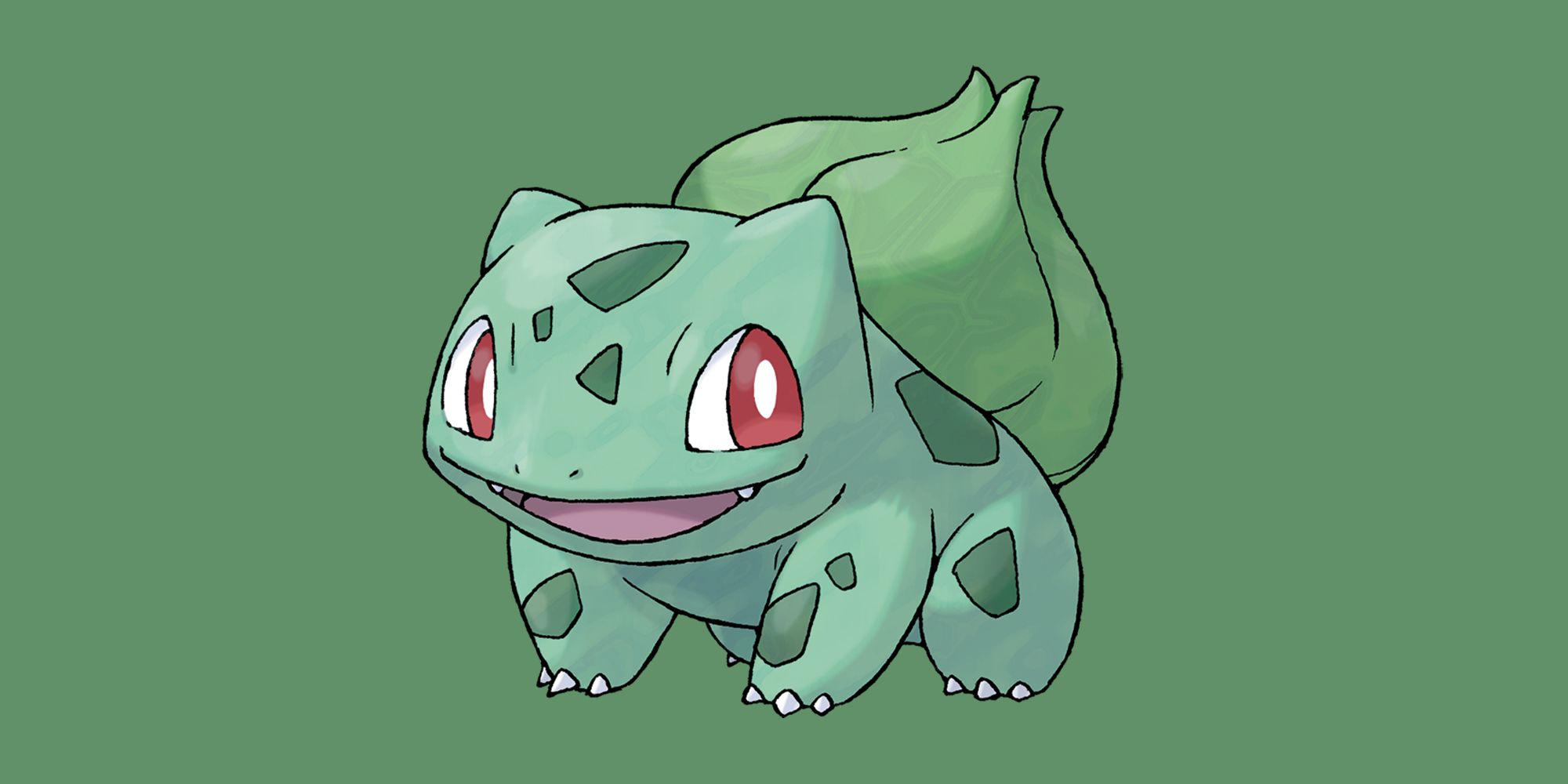 Pokémon Bulbasaur smiling and standing in front of a moss-green background