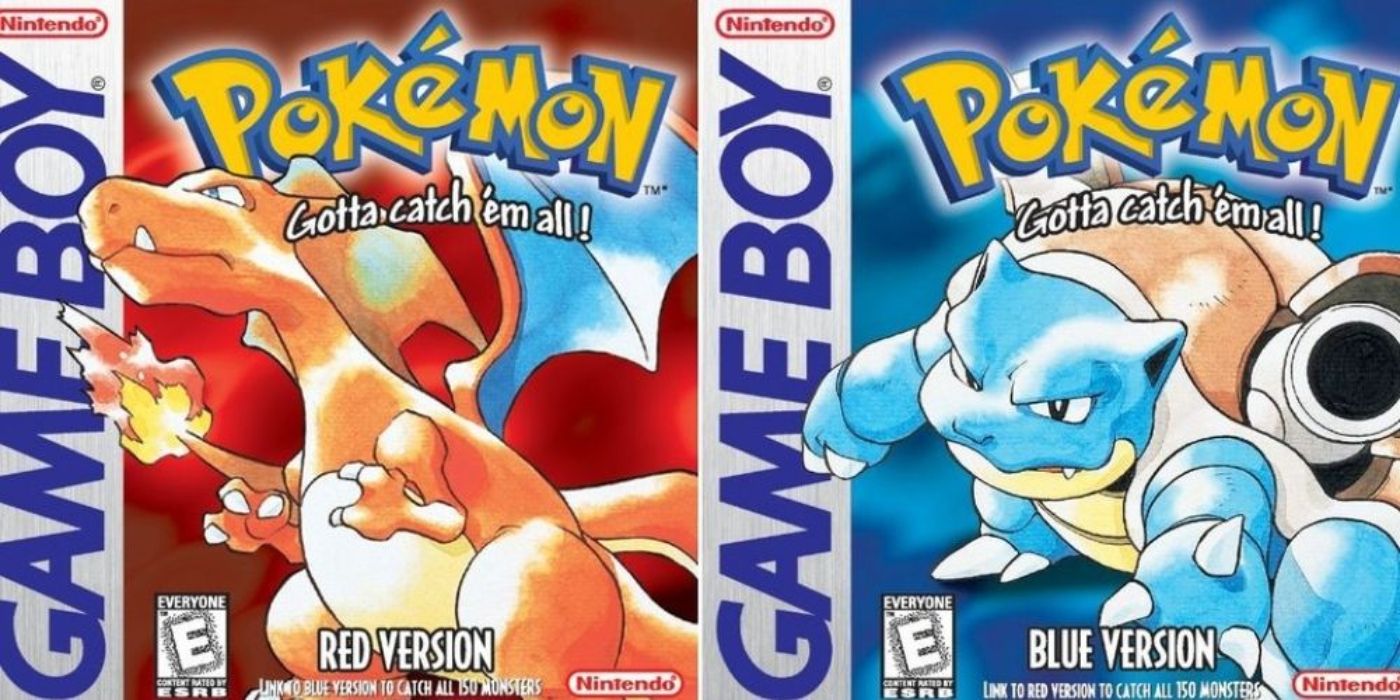 Split image of the Game Boy games Pokemon Red and Pokemon Blue.