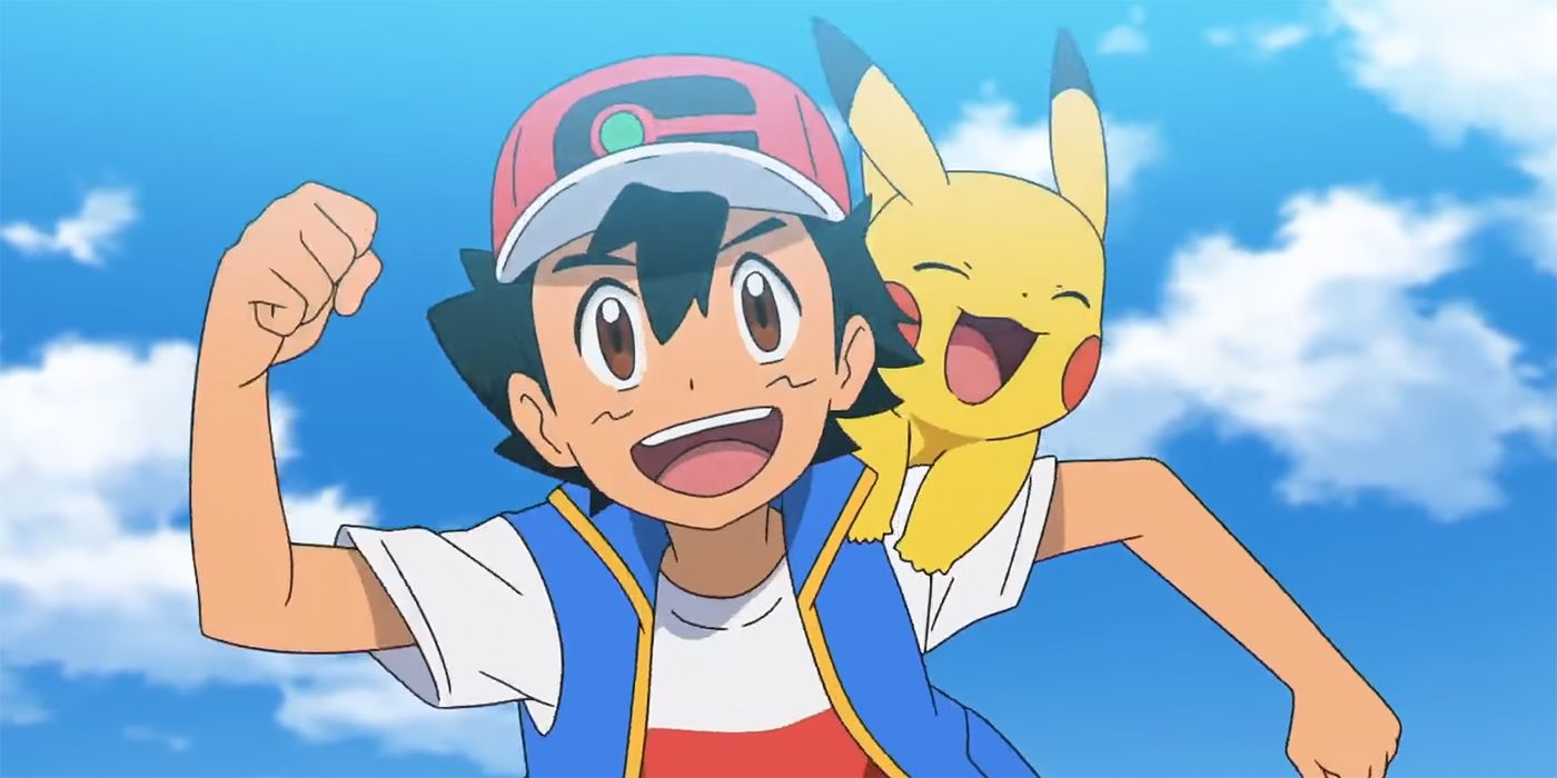 Ash and Pikachu running and laughing in the Pokémon anime