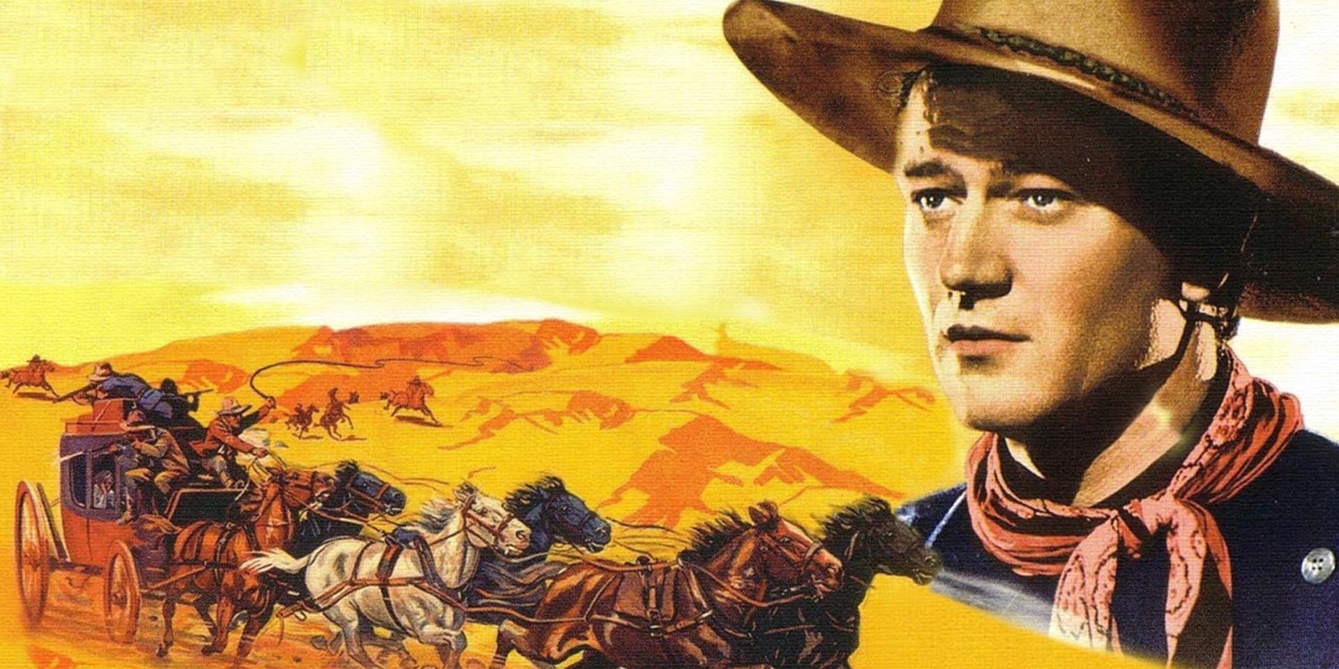 Poster for 1939's Stagecoach featuring John Wayne as the Ringo Kid and running carriage horses 