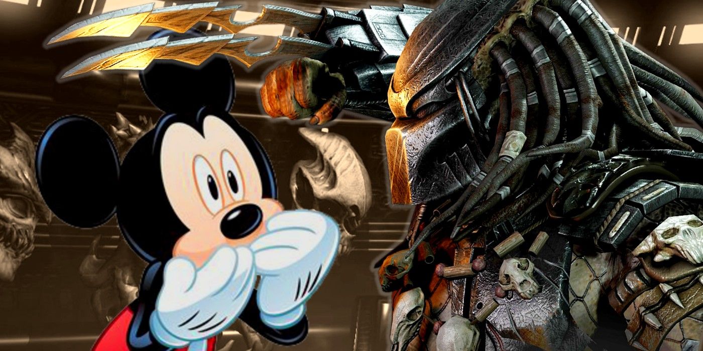 Mickey Mouse staring at the Predator with his mouth closed