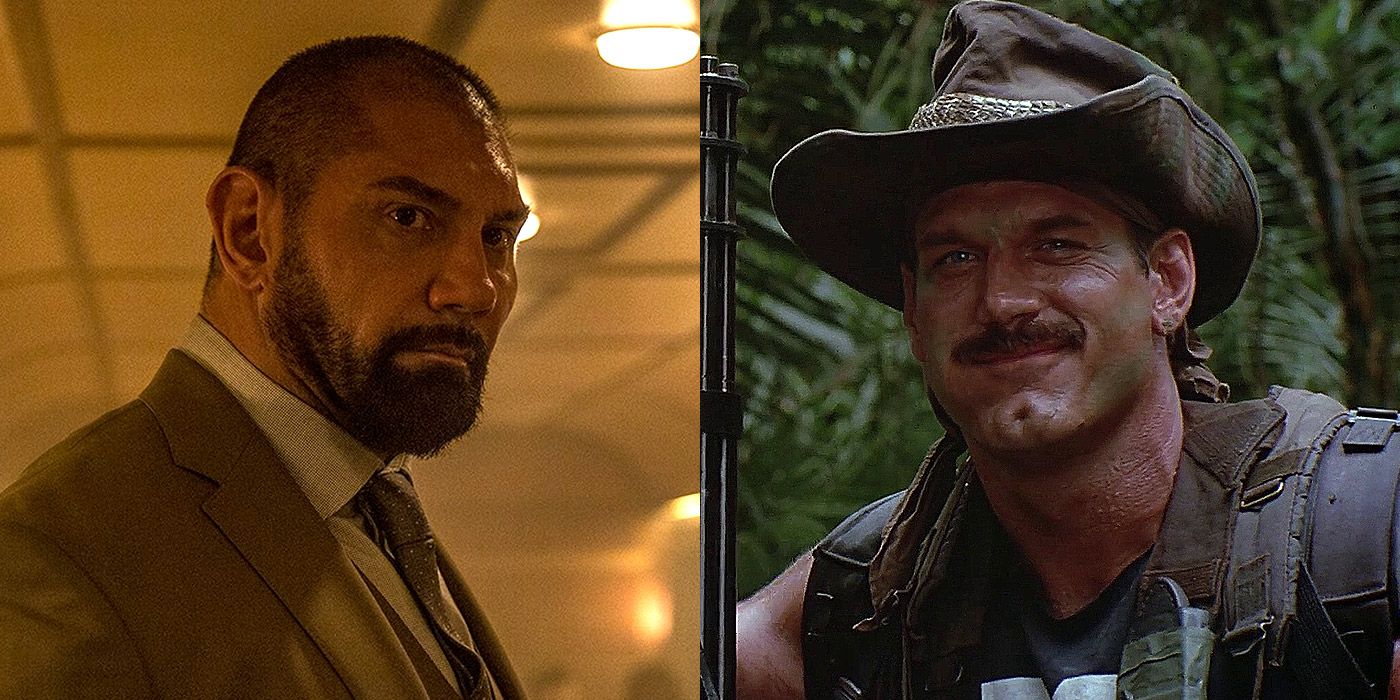 Split image of Dave Bautista and Blain from Predator