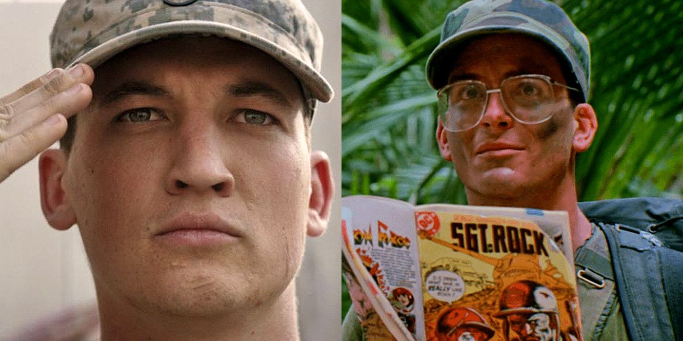 Split image of Miles Teller and Hawkins from Predator