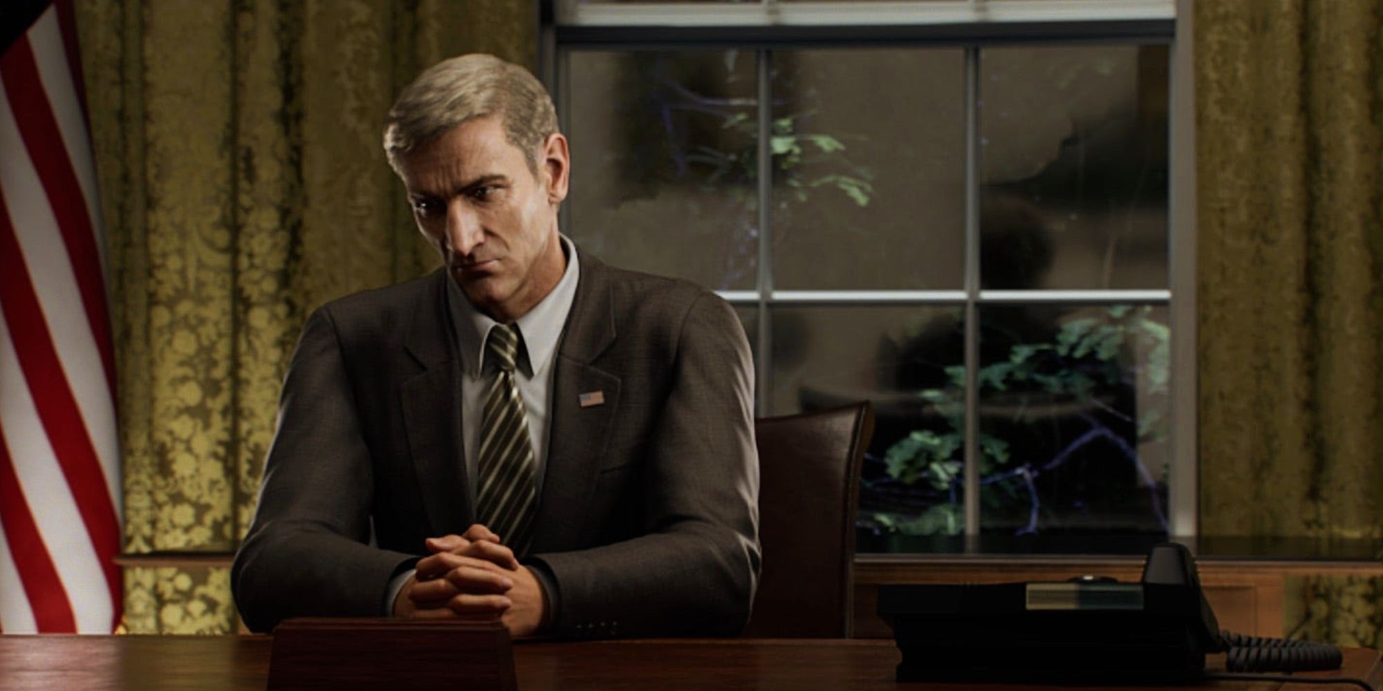 Graham sits behind his desk at the White House in Resident Evil: Infinite Darkness.
