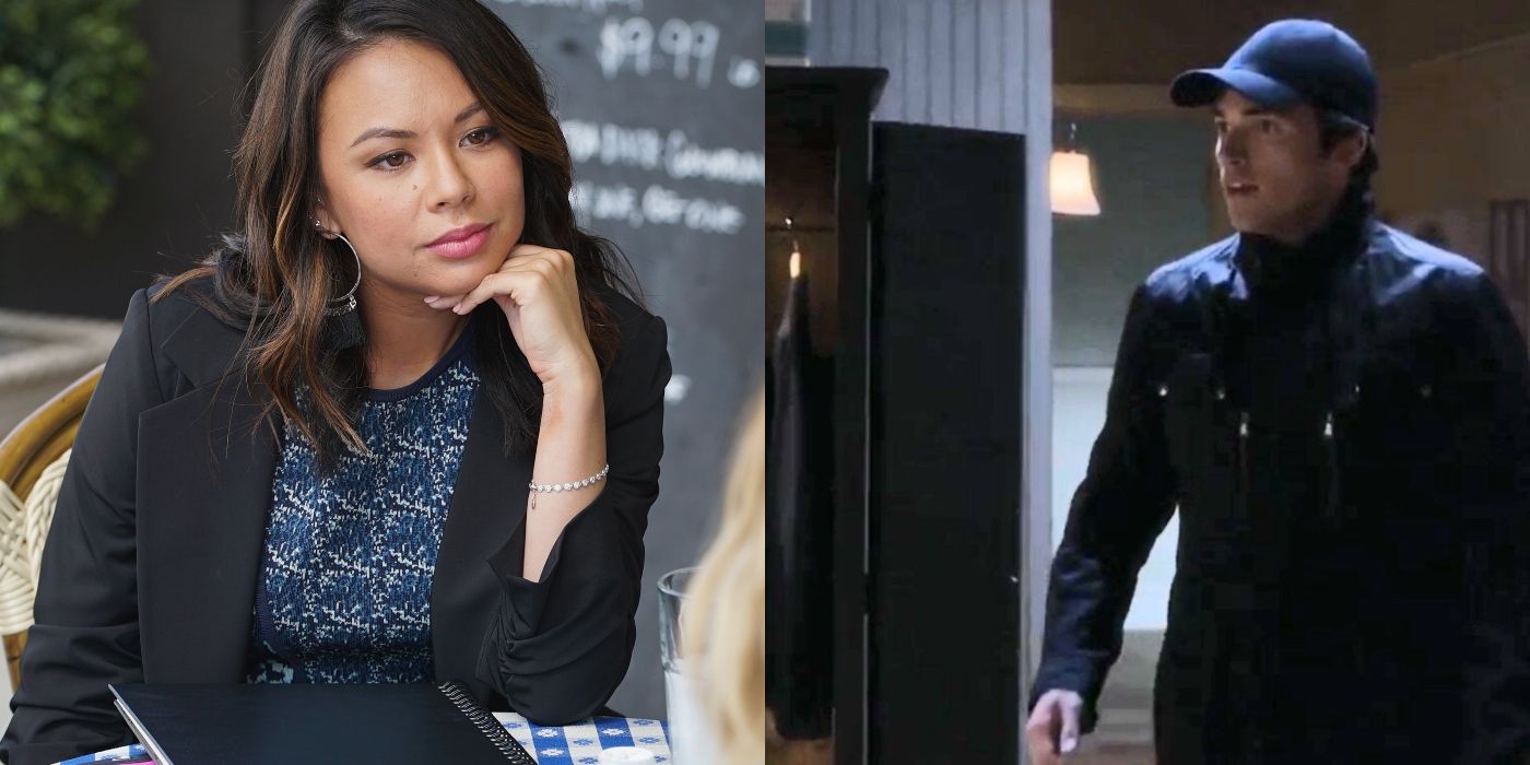 Split image of Ezra and Mona from Pretty Little Liars.